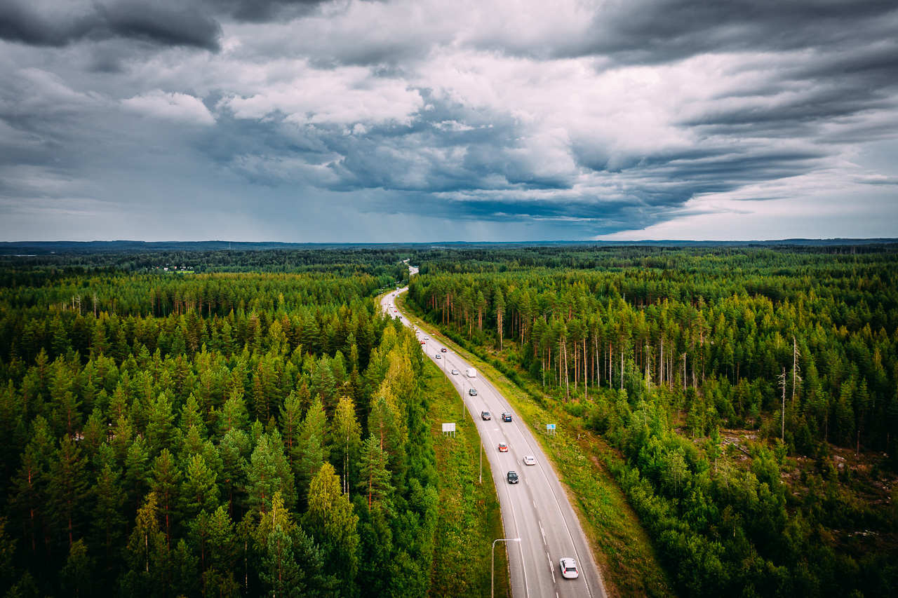 Kuvituskuvassa on metsän keskellä tie, jossa kulkee autoja.