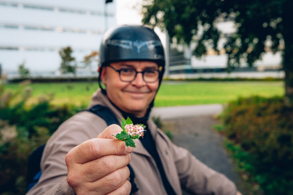 Kuvituskuva. Kuvassa henkilö, jolla on kypärä päässä, pitää kädessään pieniä kukkia.